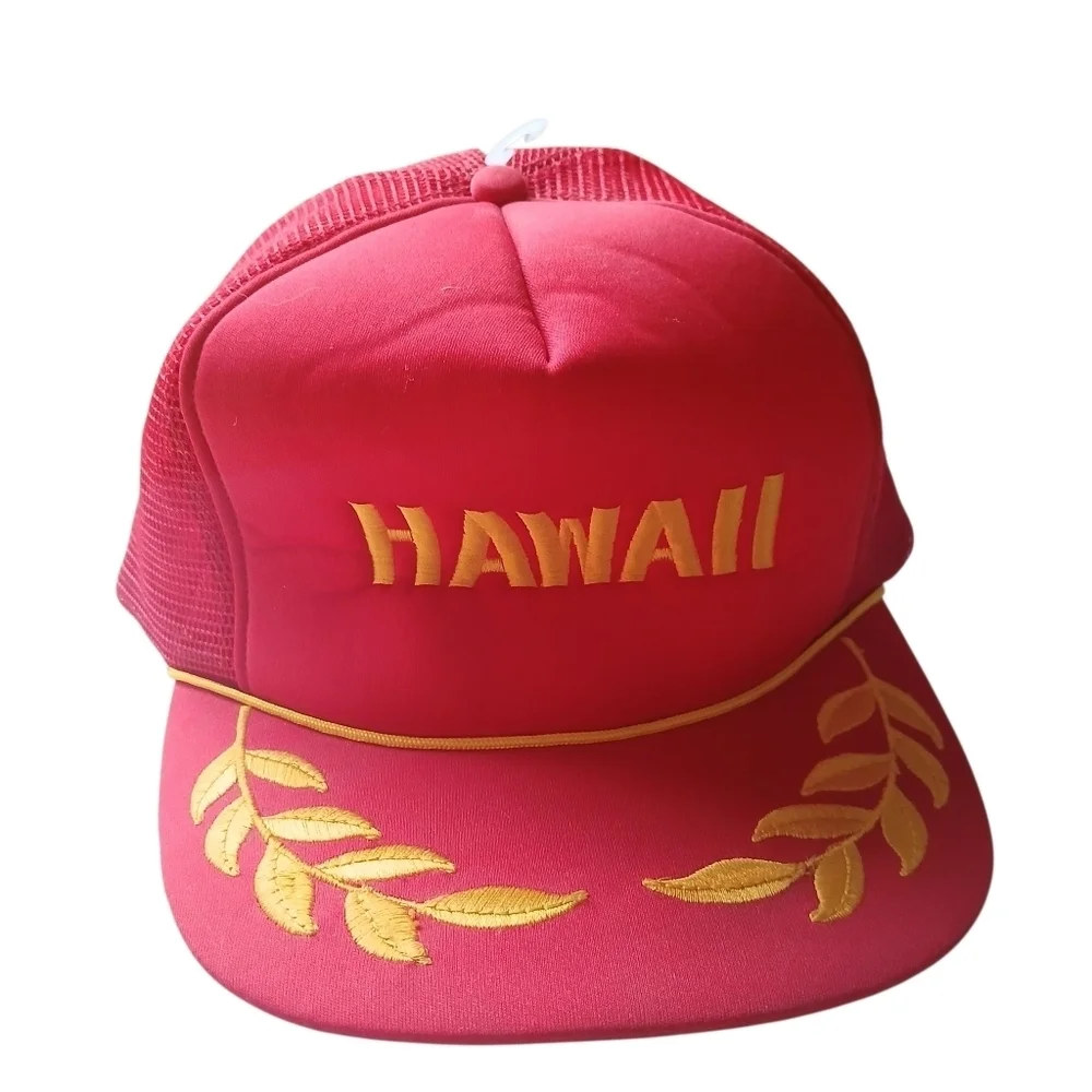 Hawaii Snapback Hat Foam Front Red Trucker Leaves Rope Cap Unisex Adult VTG